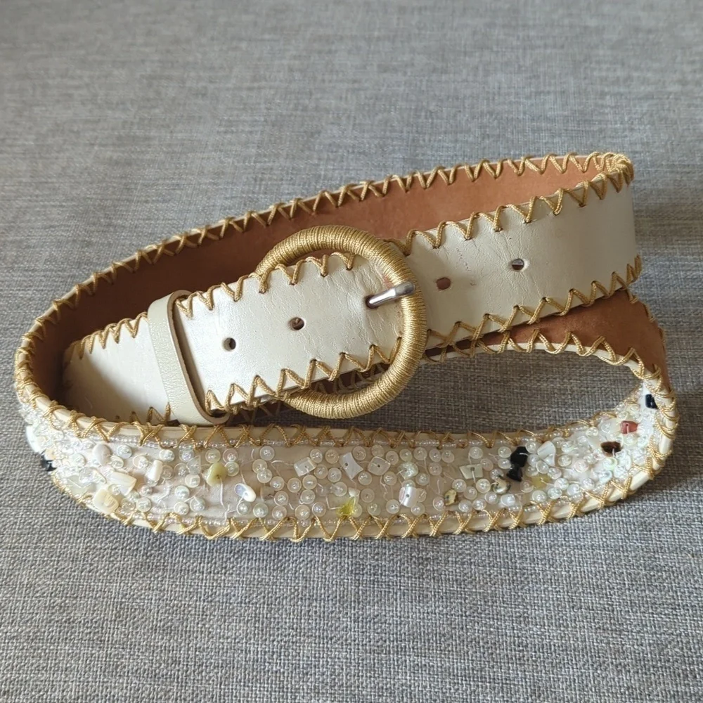 Ivory Genuine Leather Beaded Belt Gold Whipstitch Sequin Boho Western